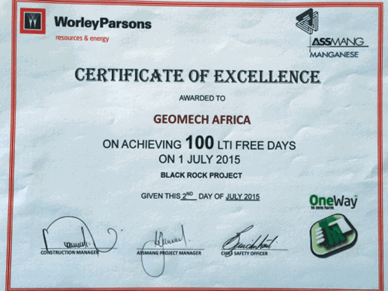 Geomech Africa recognised for its commitment to safety